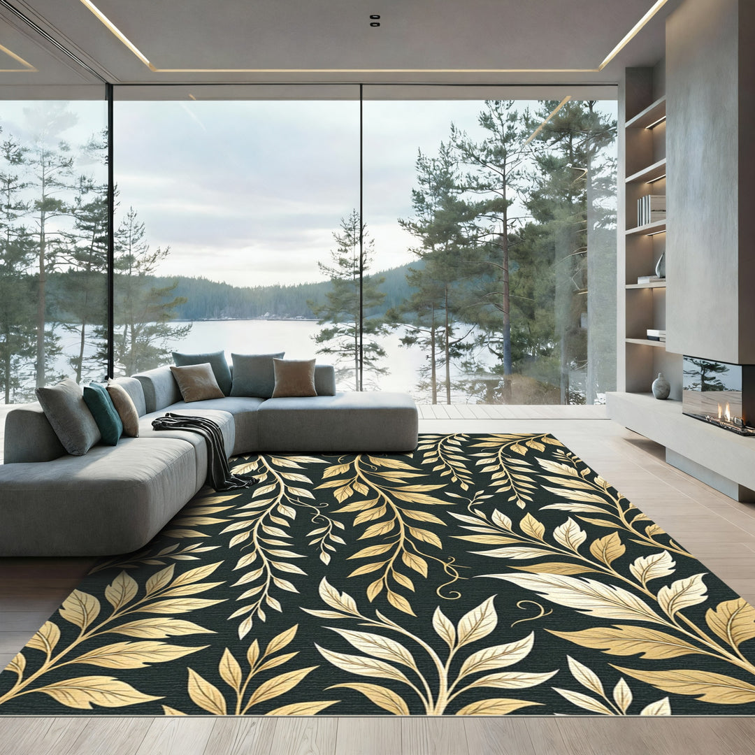 Golden Leafy Branches Dark Background Rug