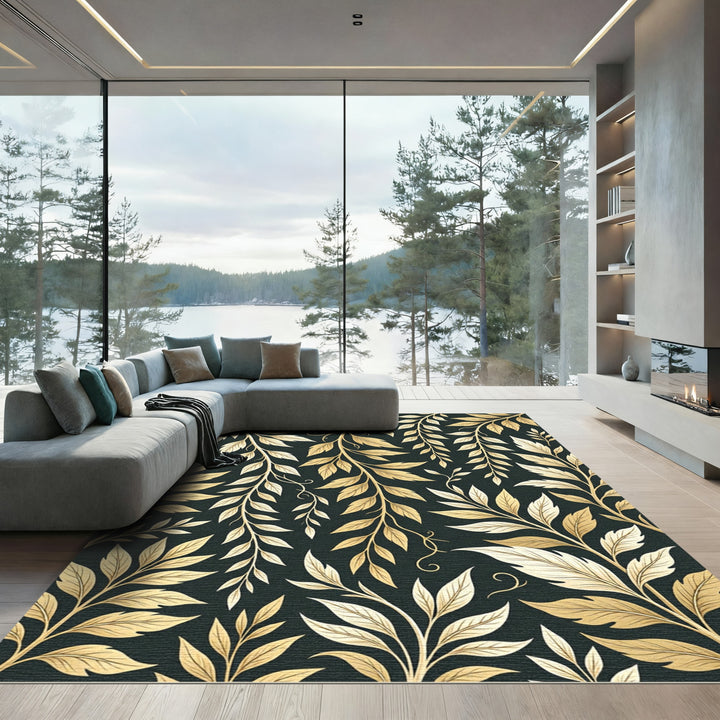 Golden Leafy Branches Dark Background Rug