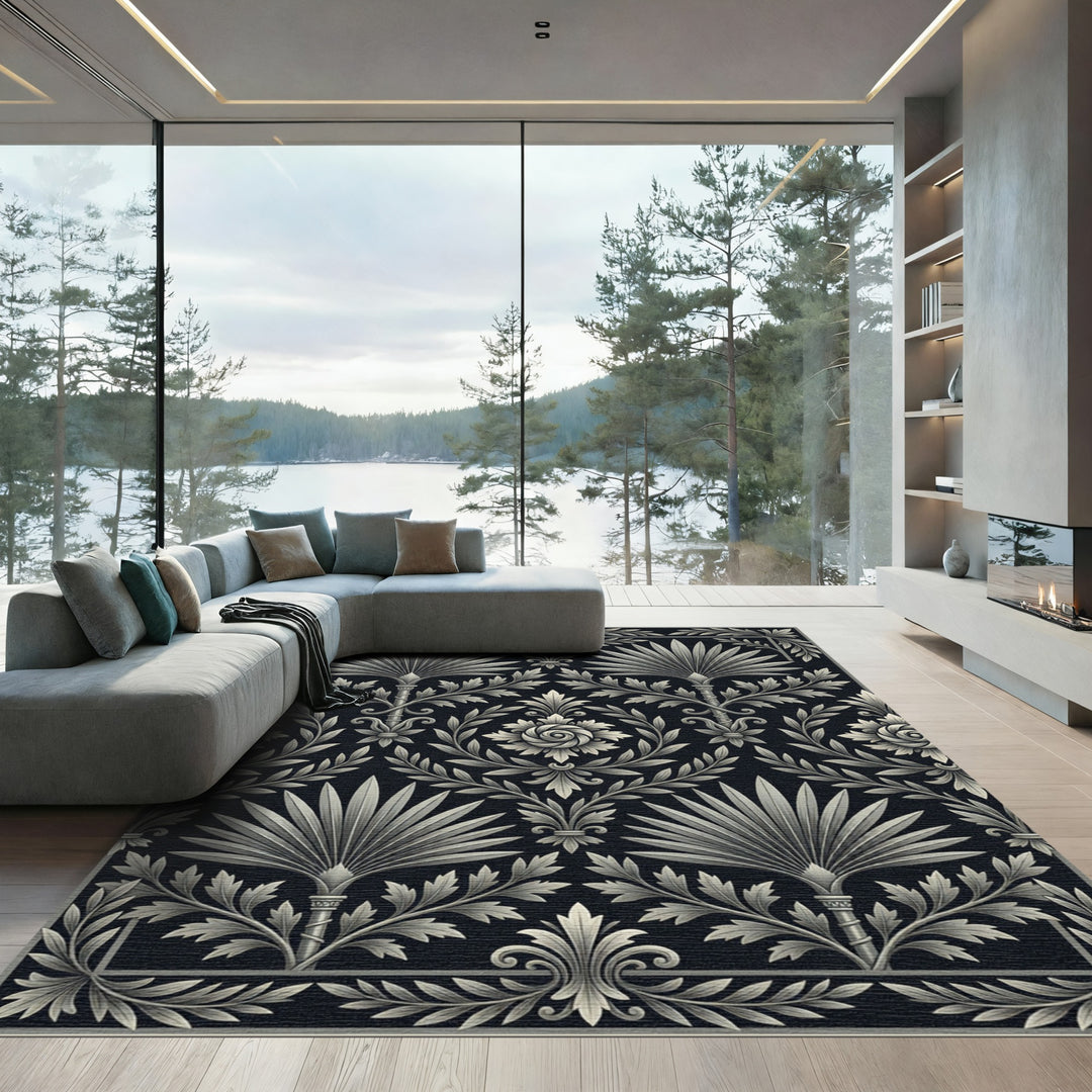 Art Nouveau Black Palm Leaf Rug