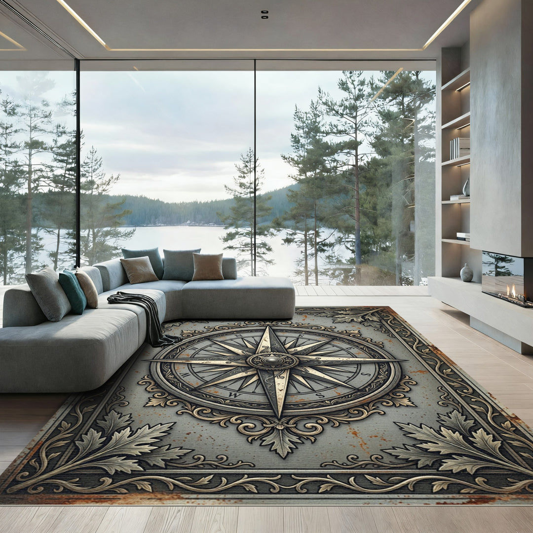 Vintage Golden Compass Nautical Rug