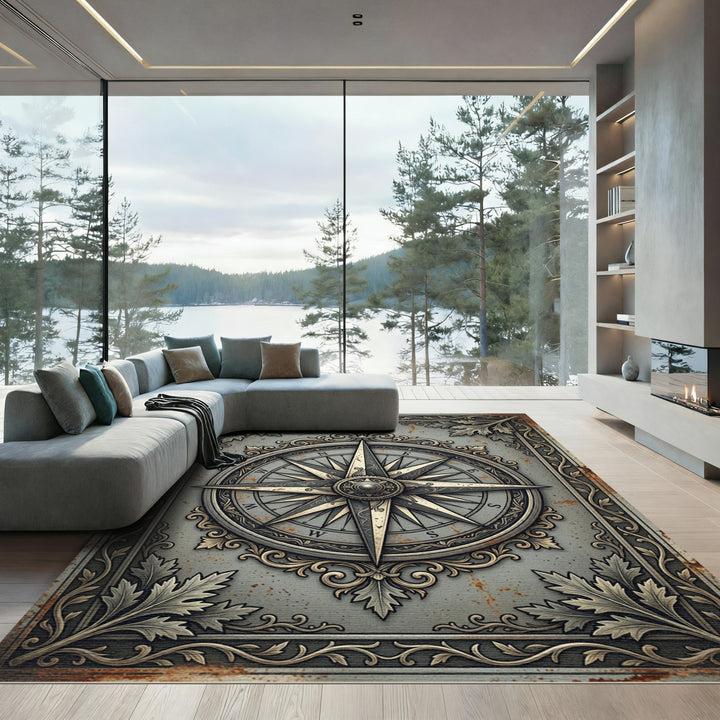 Vintage Golden Compass Nautical Rug