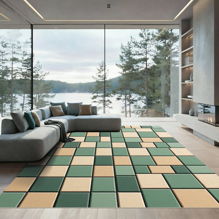 Modern Green Square Mosaic Rug