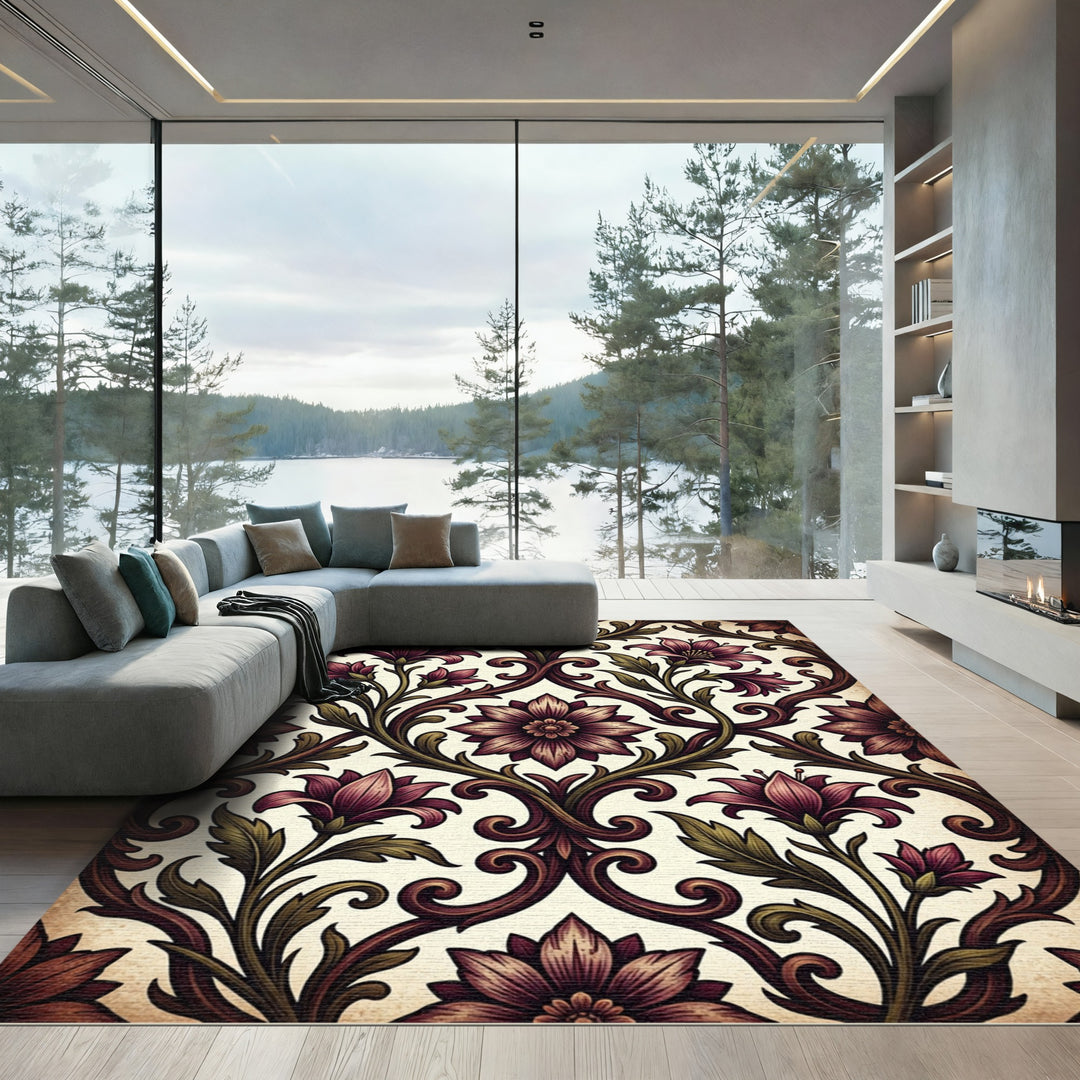 Deep Plum Vintage Floral Scroll Rug
