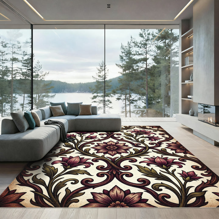 Deep Plum Vintage Floral Scroll Rug