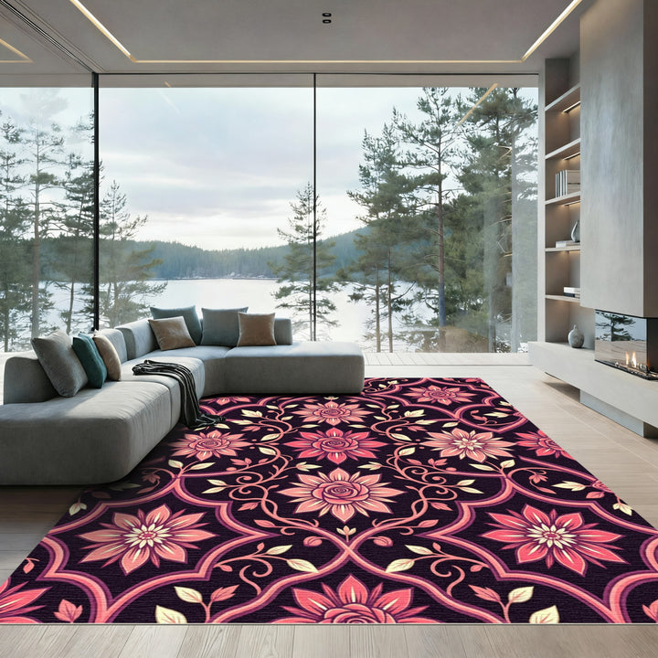 Dark Pink Floral Arabesque Medallion Rug