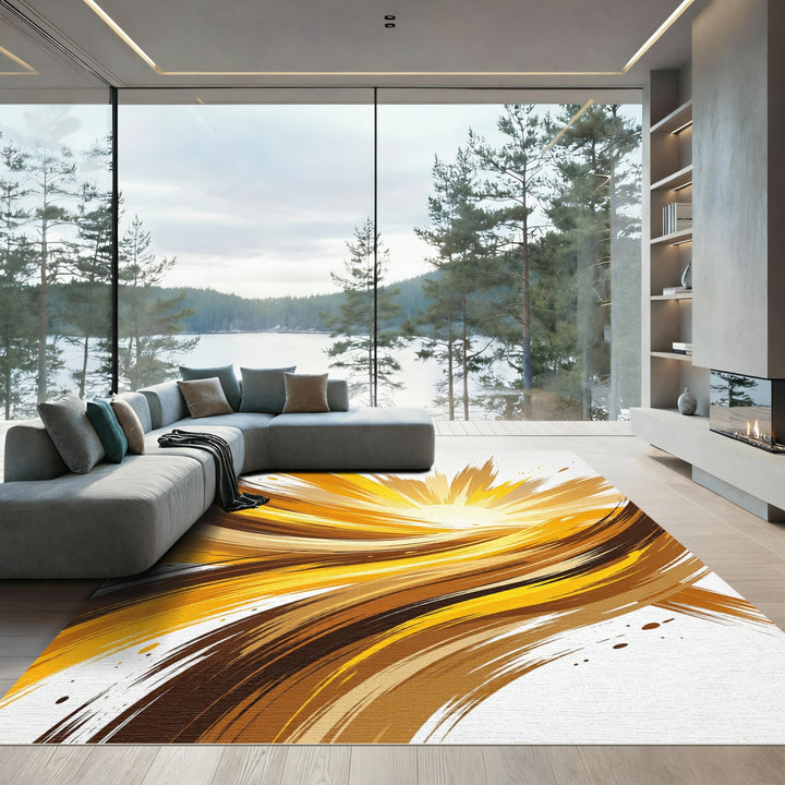 Golden Abstract Sunburst Swirl Rug