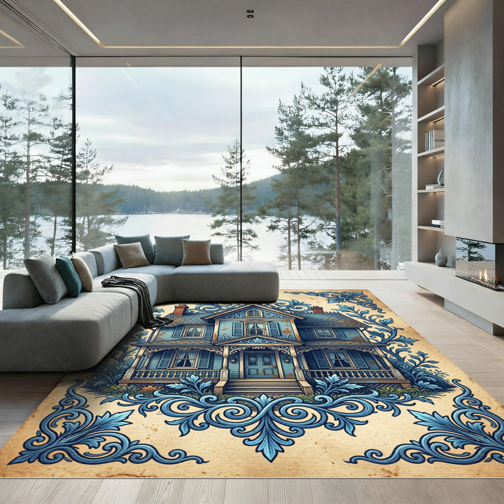 Antique Victorian Blue Floral Home Rug