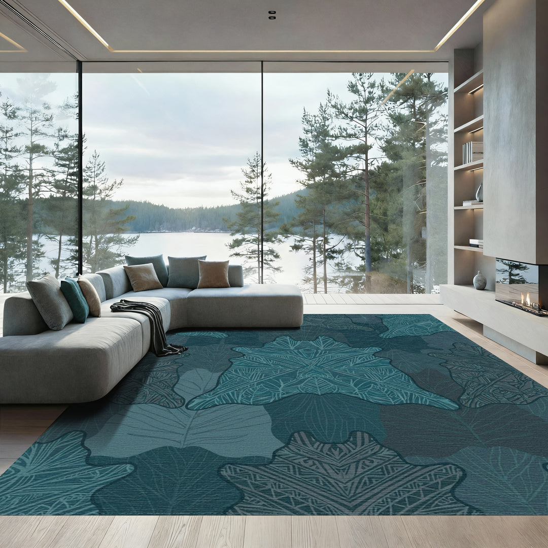 Deep Teal Mandala Leaf Collage Rug