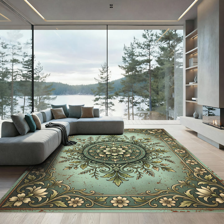 Vintage Teal Floral Scroll Rug