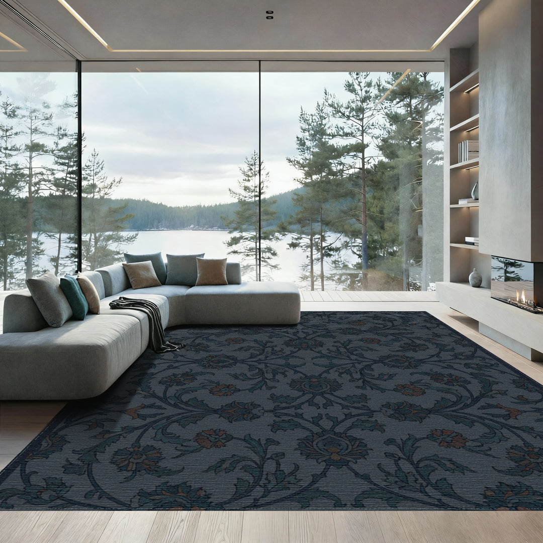Dark Teal Floral Scrollwork Rug