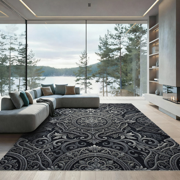 Charcoal Silver Arabesque Medallion Rug