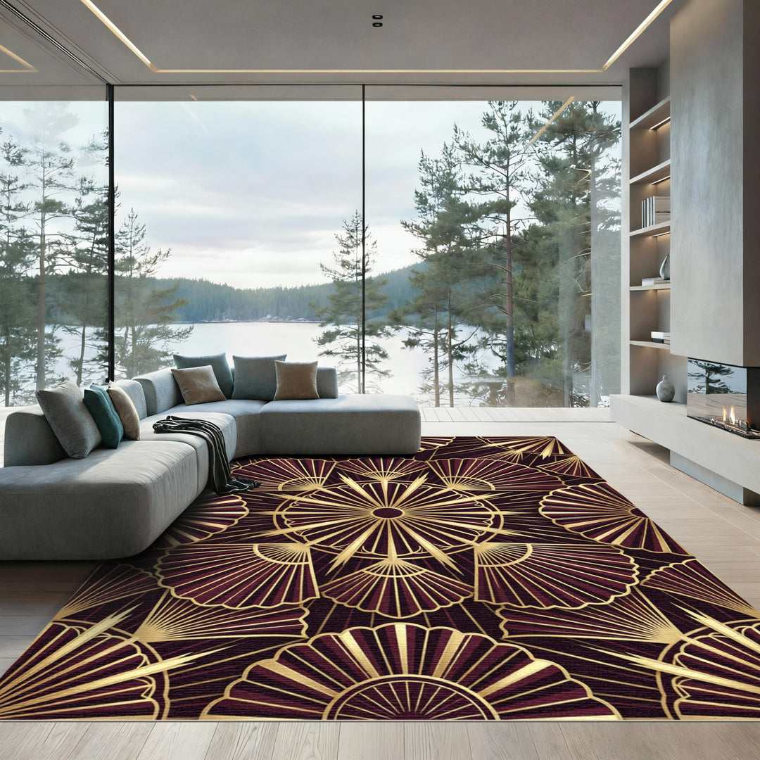 Art Deco Maroon Gold Fan Area Rug