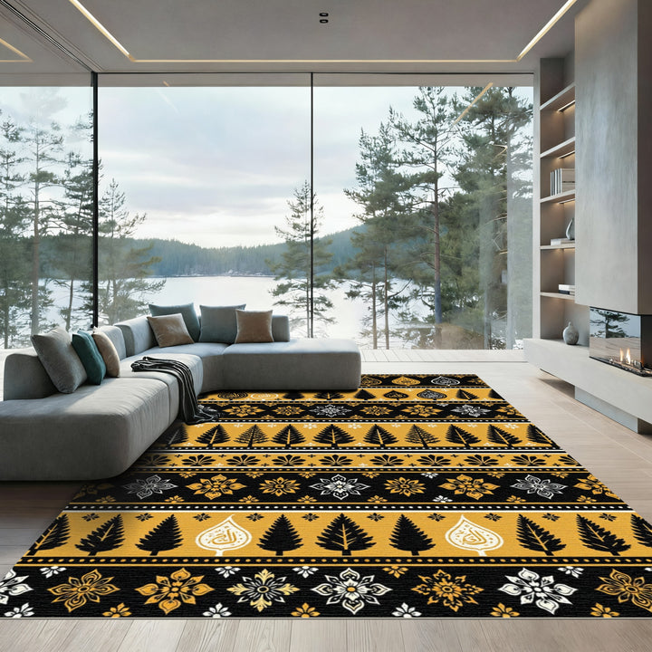 Golden Yellow Black Tree Floral Medallion Rug