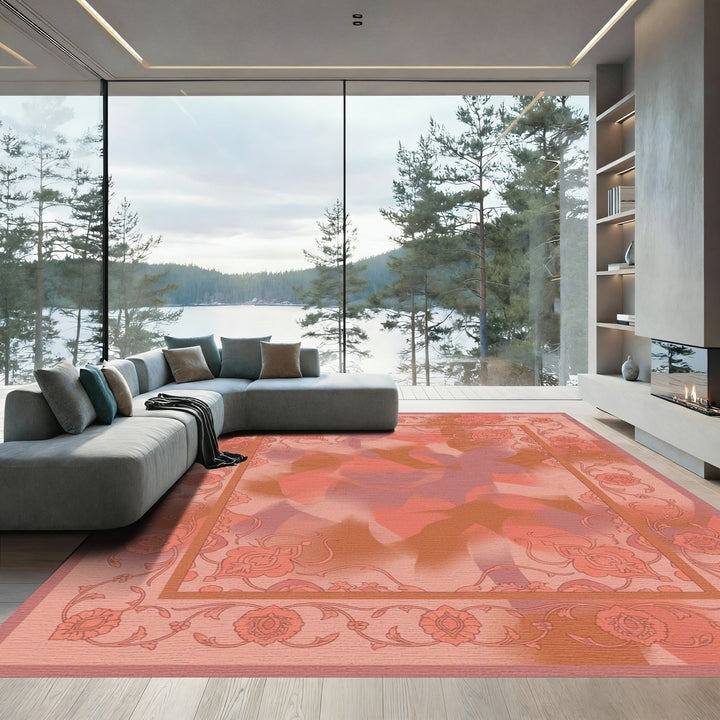 Terracotta Floral Border Abstract Bloom Rug