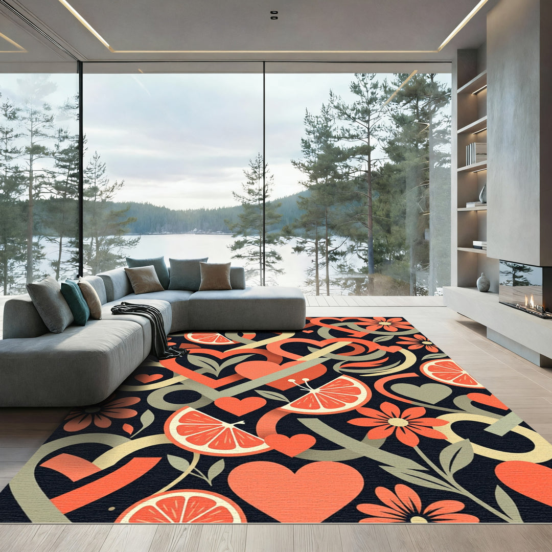 Coral Hearts Orange Citrus Floral Medley Rug