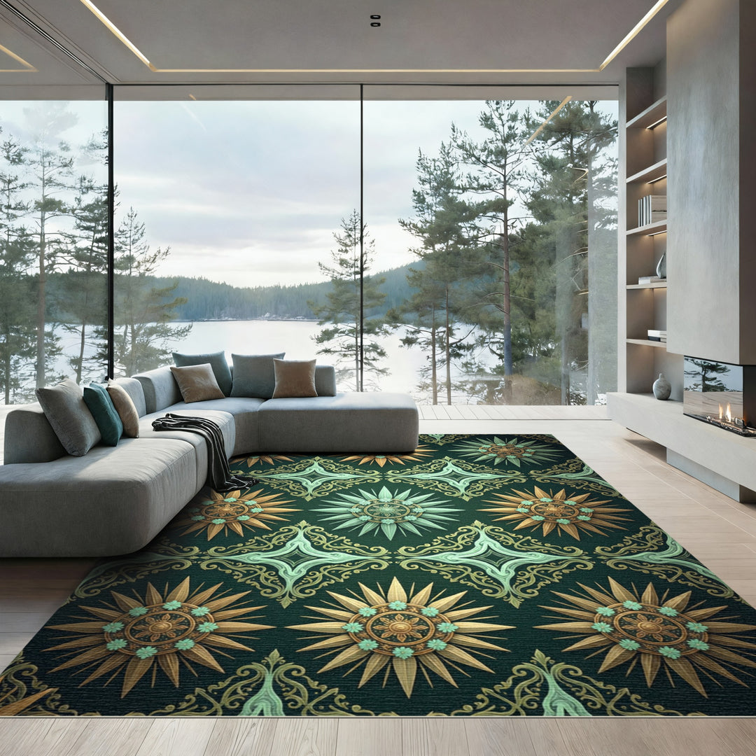 Emerald Golden Sunburst Floral Relief Rug