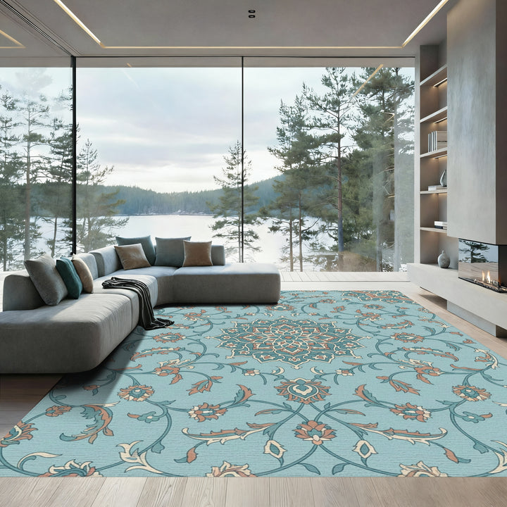 Teal Coral Floral Medallion Vines Rug