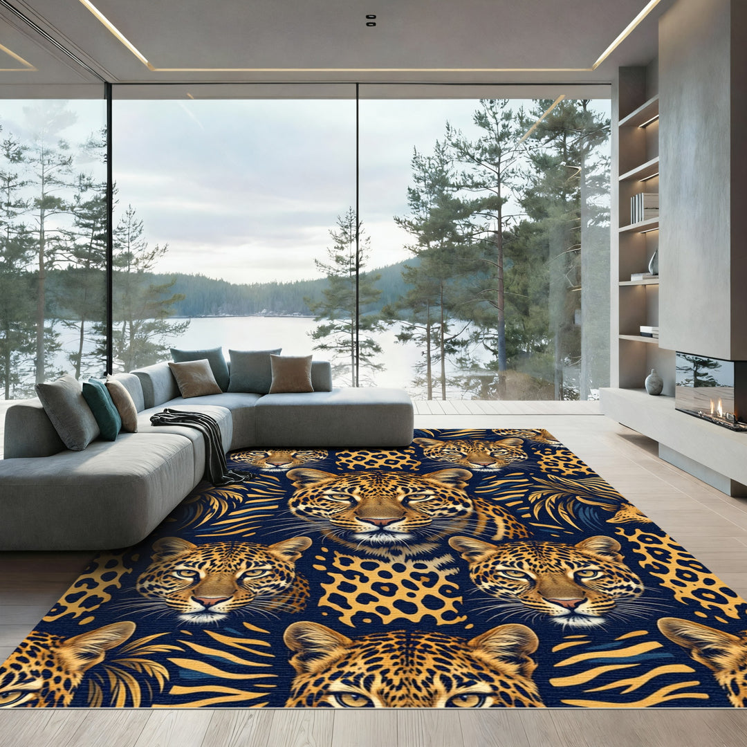 Golden Cheetah Faces Navy Background Rug