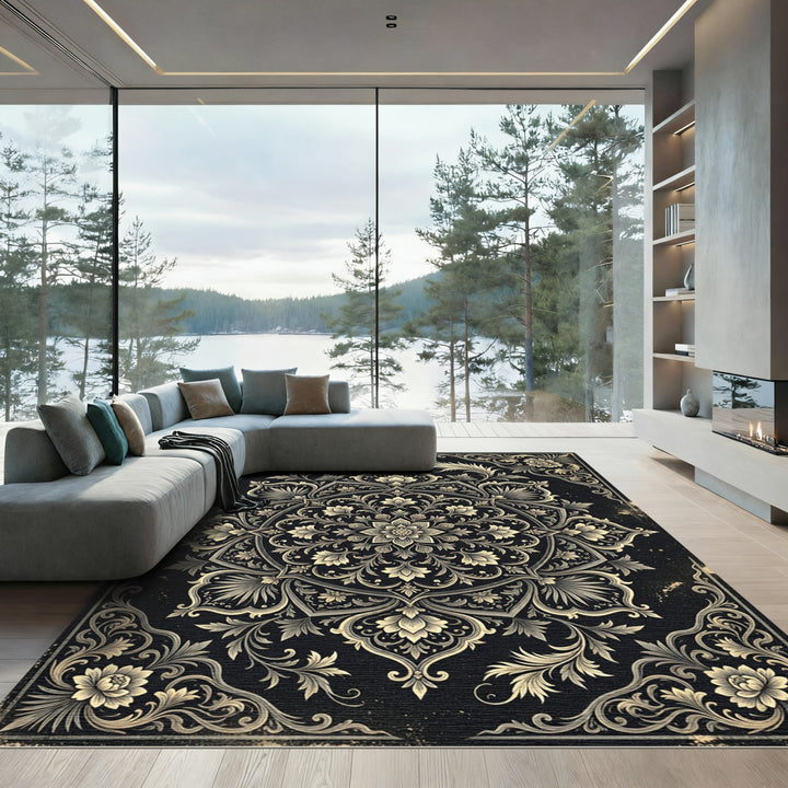 Elegant Black Floral Mandala Rug