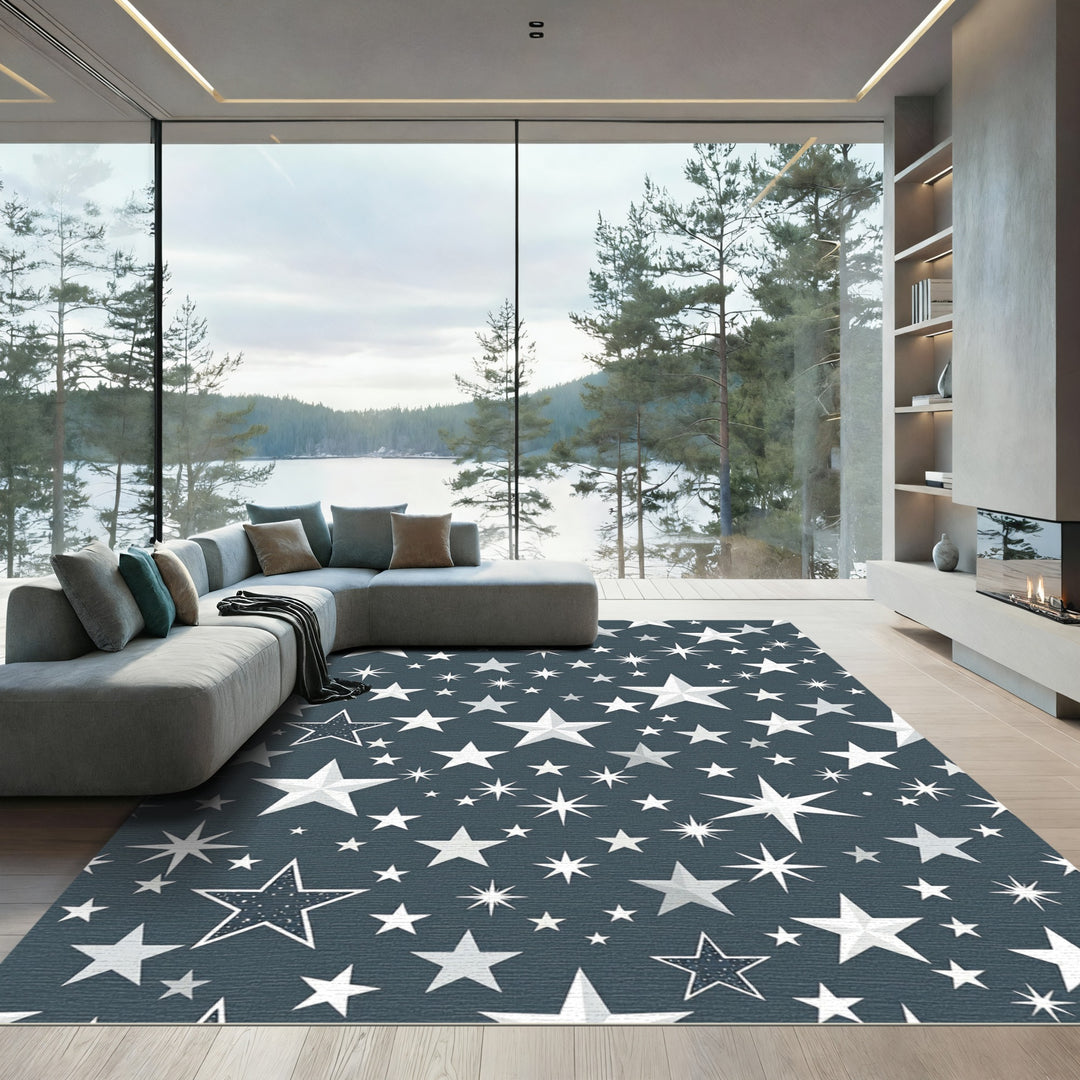 White Stars Dark Teal Background Rug