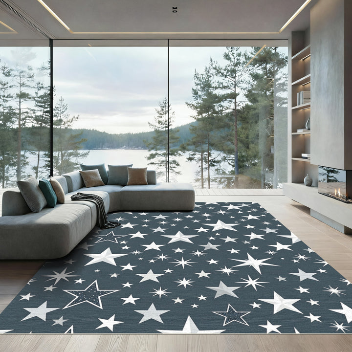 White Stars Dark Teal Background Rug