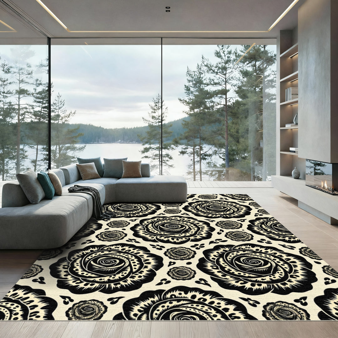 Elegant Black Rose Floral Rug