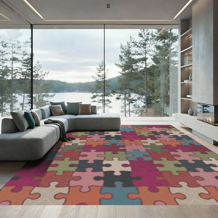 Muted Jewel Tone Puzzle Pieces Rug