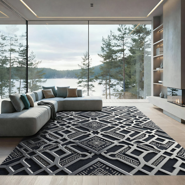 Elegant Silver Geometric Inlay Rug