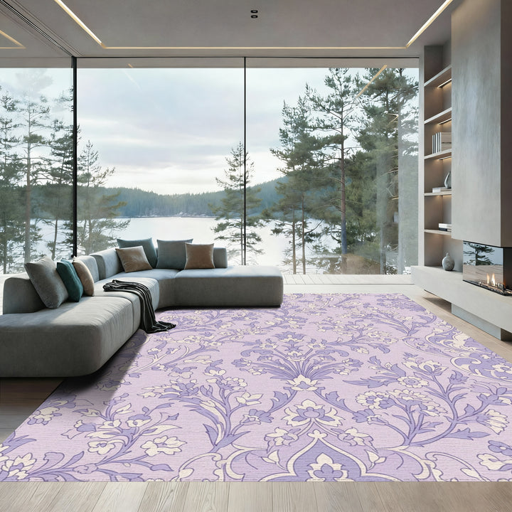 Lavender Floral Scroll Damask Rug