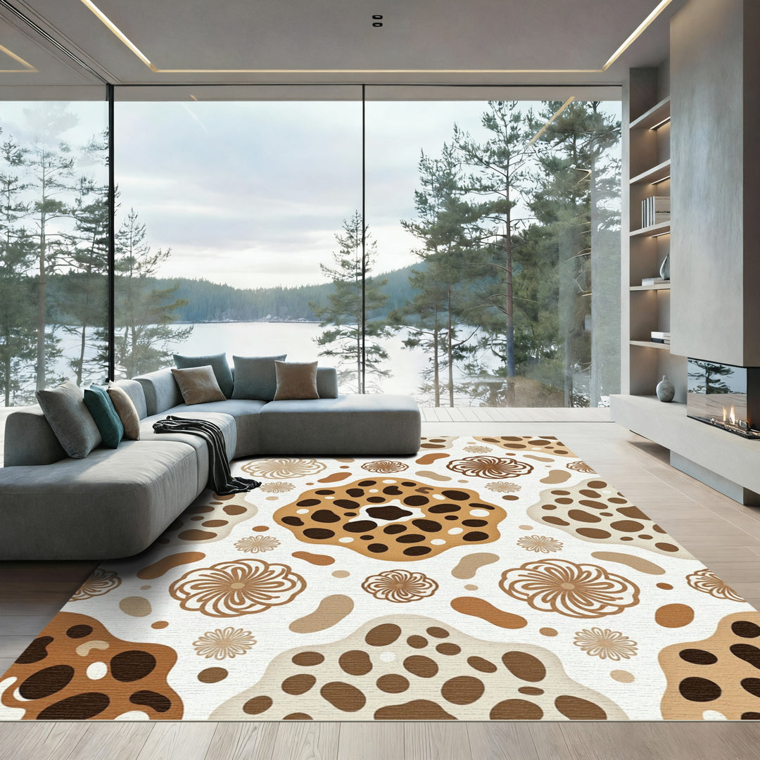 Brown Cream Polka Dot Floral Rug