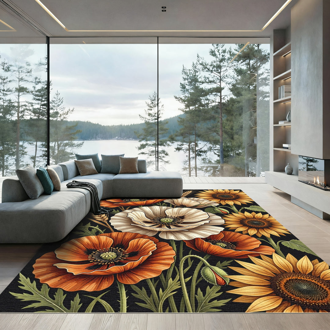 Vibrant Orange White Poppy Sunflowers Rug