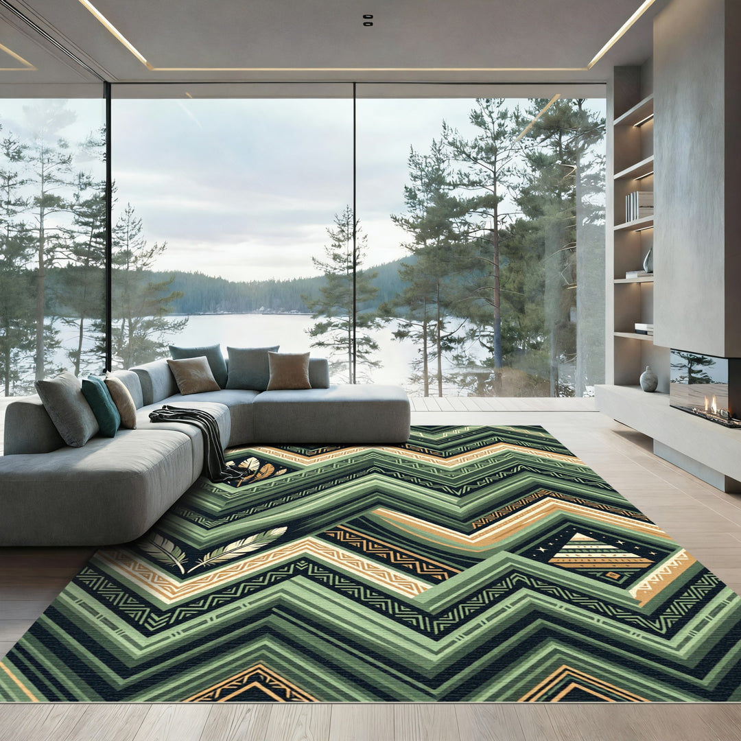 Green Earthy Feather Geometric Zigzag Rug