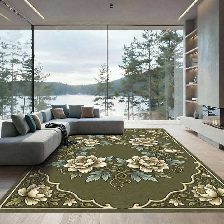 Vintage Cream Peony Floral Border Rug