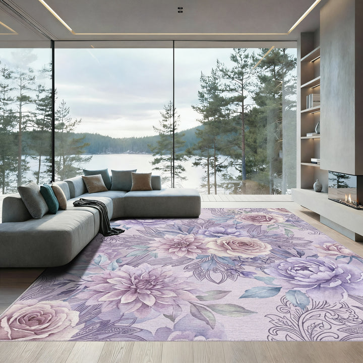 Soft Lavender Floral Scroll Artwork Rug