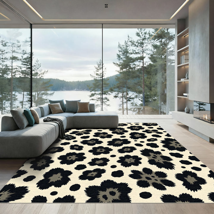 Leopard Spot Flower Black Cream Rug