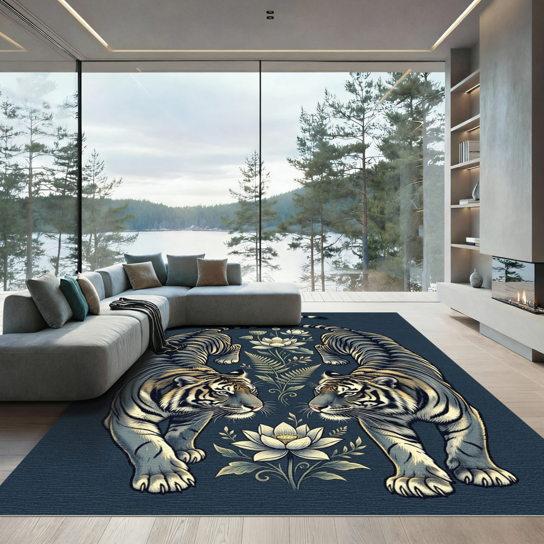 Symmetrical Tigers Lotus Botanical Composition Rug