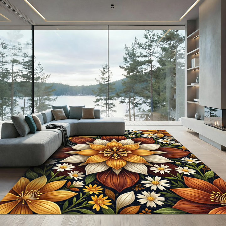 Golden Orange Floral Medallion Rug
