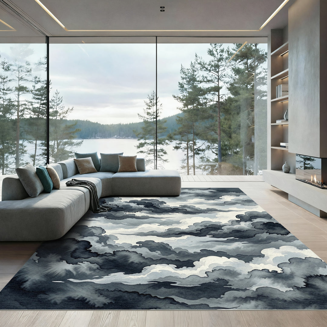 Dramatic Gray Ink Wash Clouds Rug