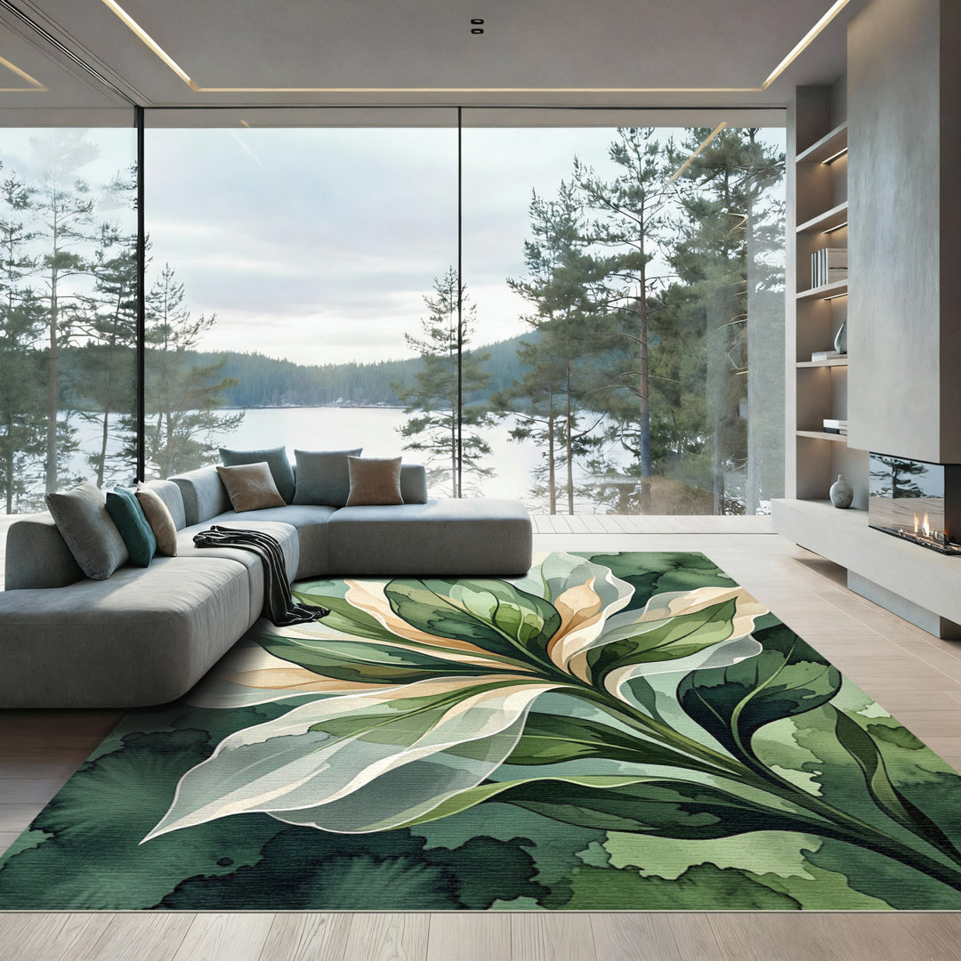 Serene Green Leaf Watercolor Bloom Rug