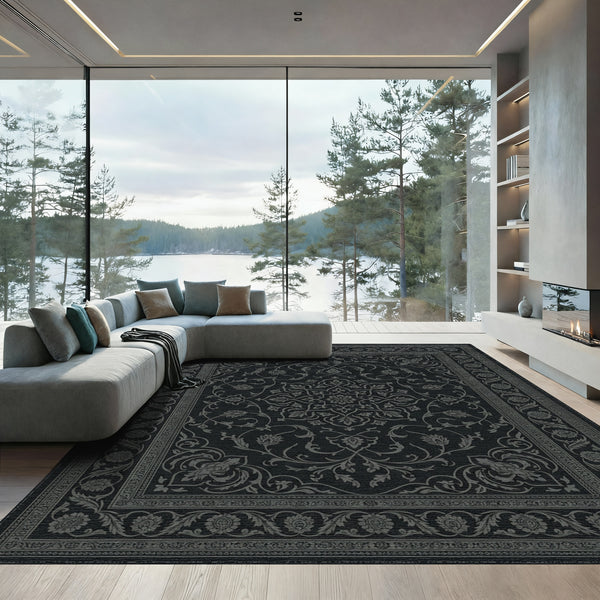 Dark Gray Intricate Floral Medallion Rug