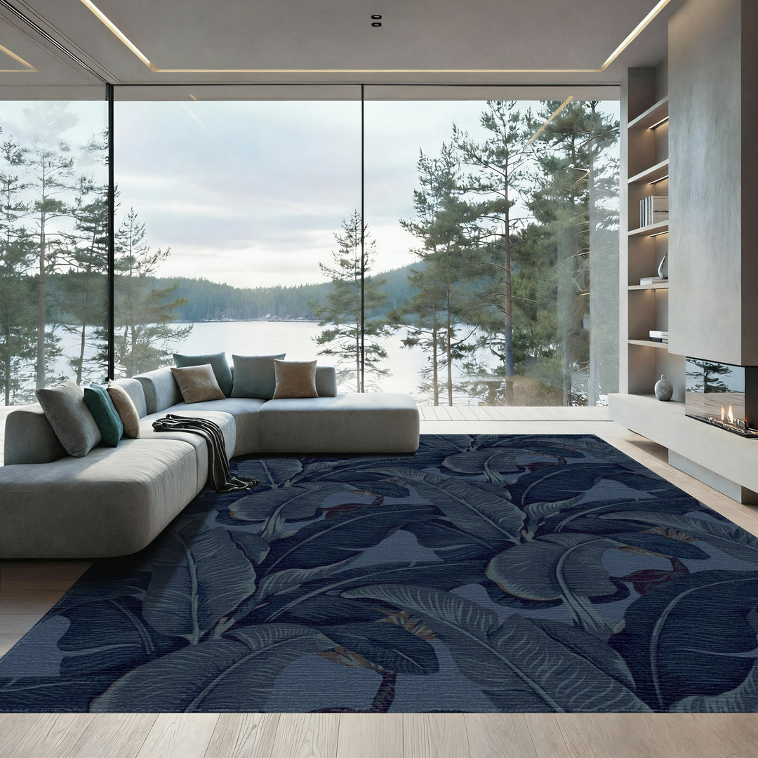 Midnight Blue Tropical Banana Leaf Rug
