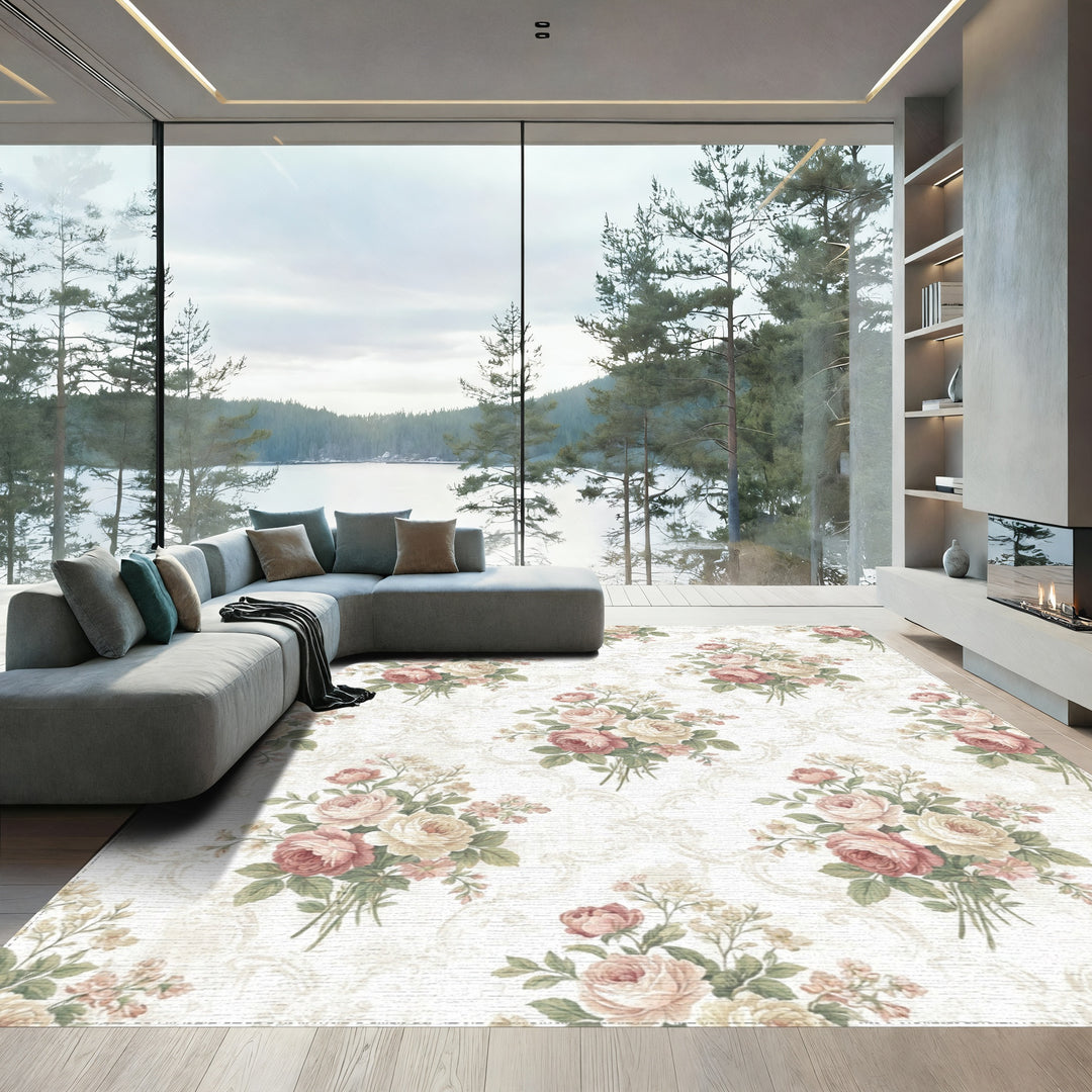 Vintage Rose Bouquet Damask Rug