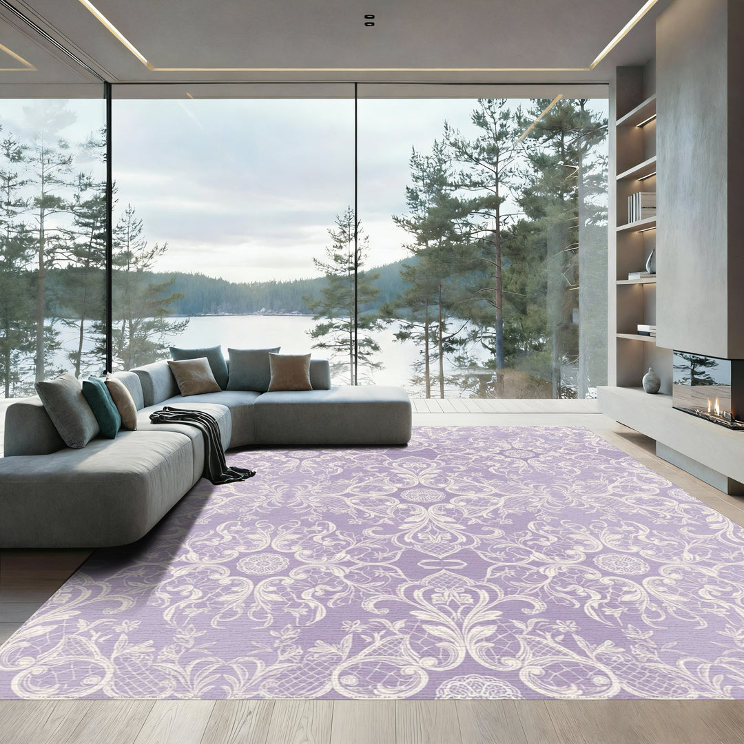 Lavender White Delicate Rococo Swirl Rug