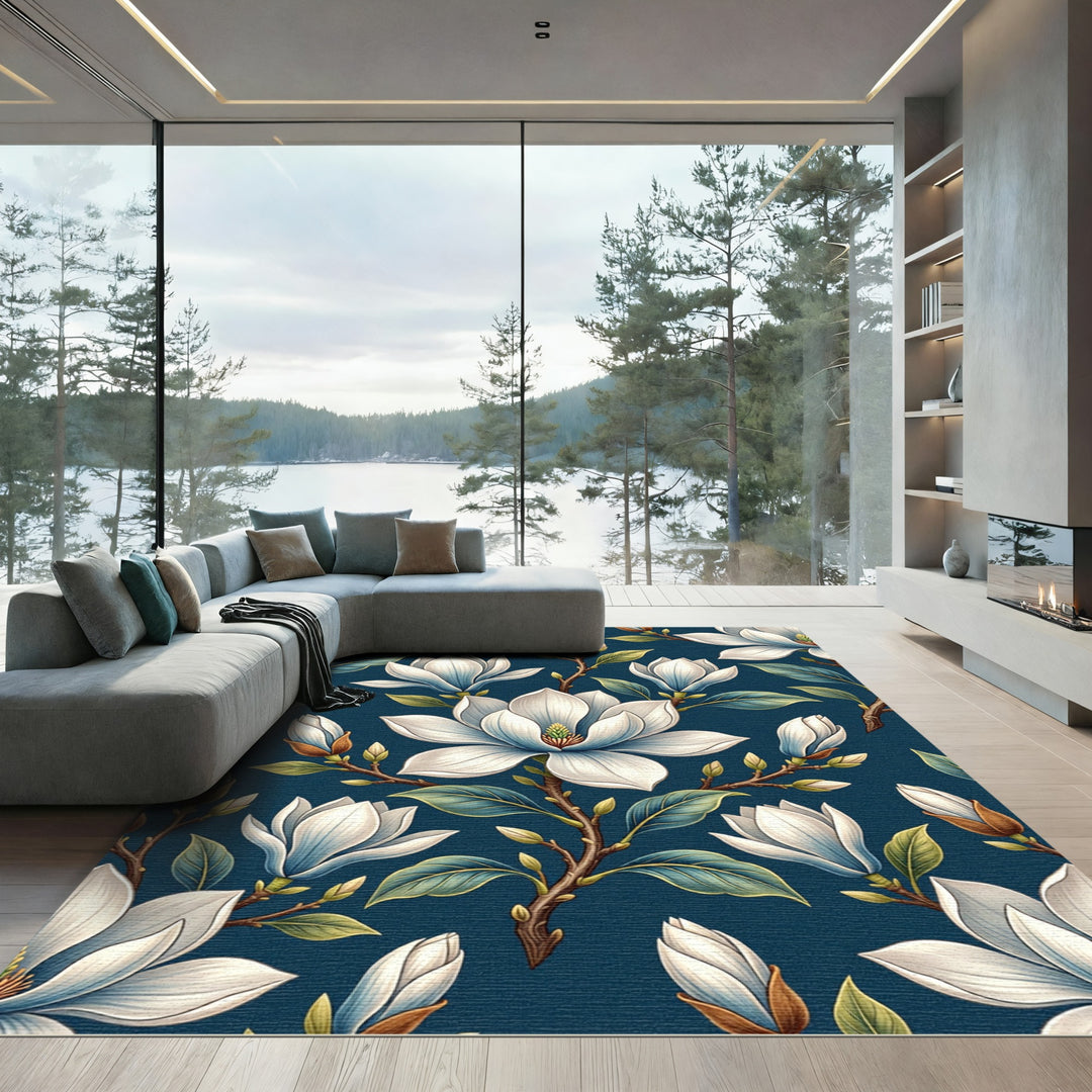 White Magnolia Blossom Dark Floral Rug
