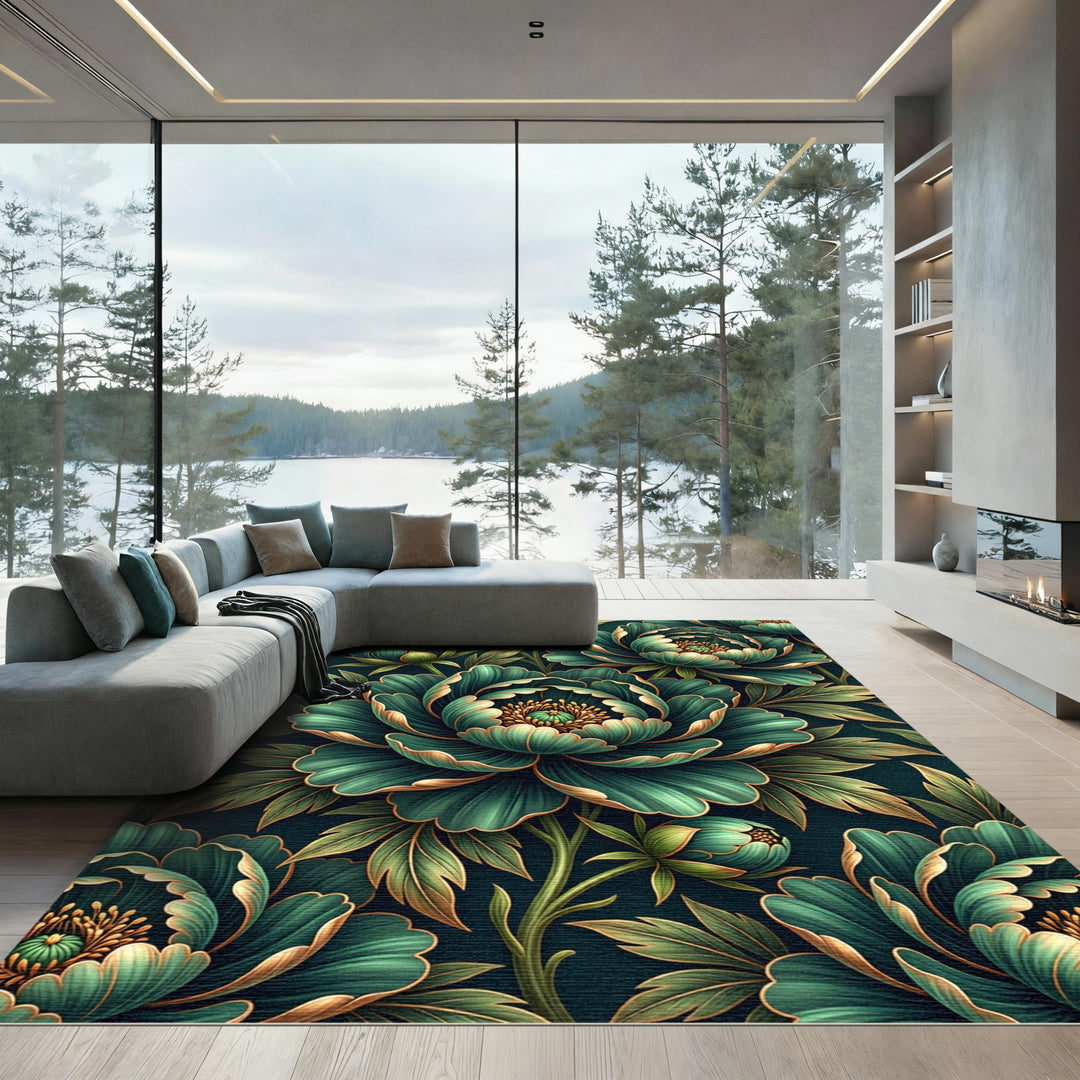 Emerald Green Luxury Peony Rug