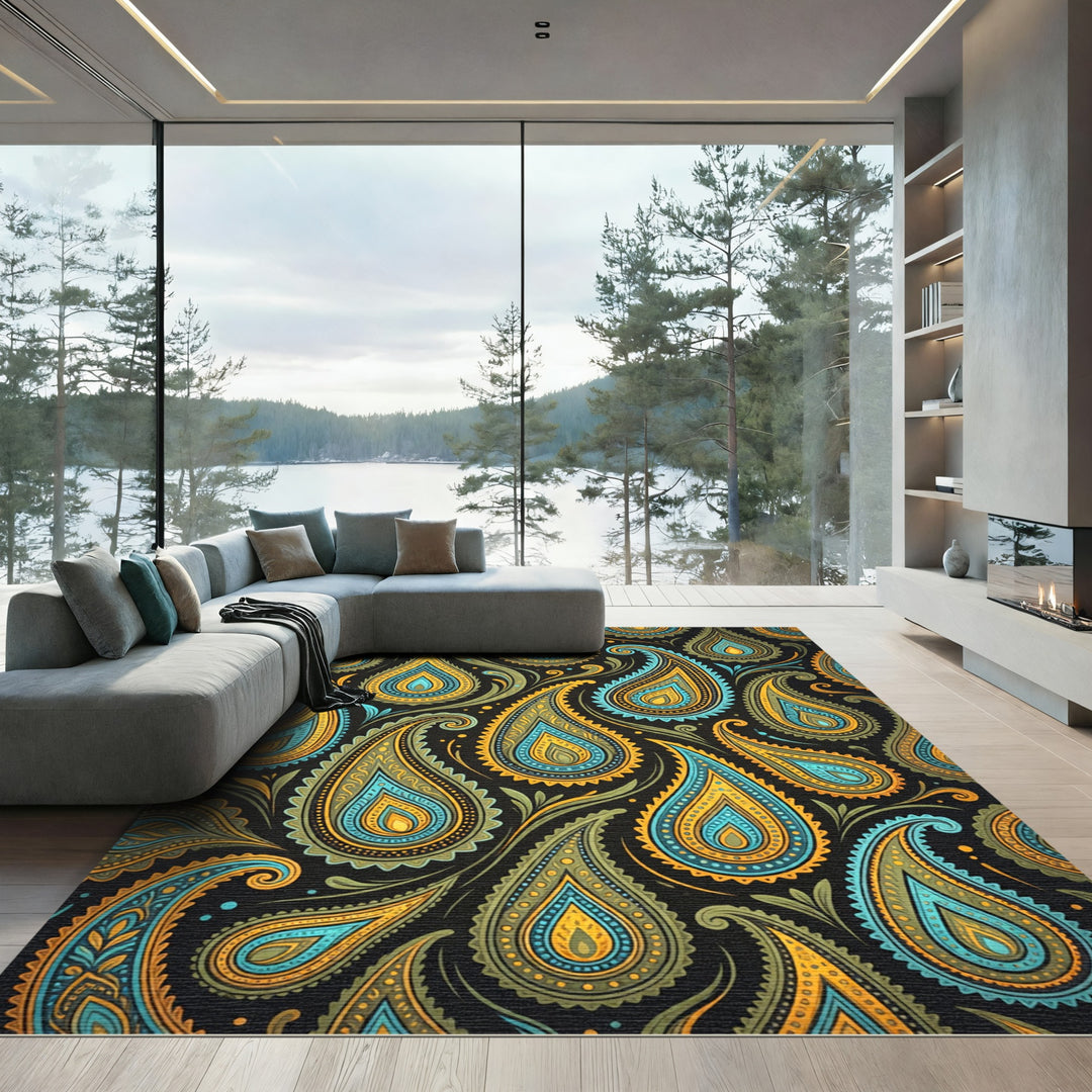 Paisley Teal Gold Black Medallion Rug