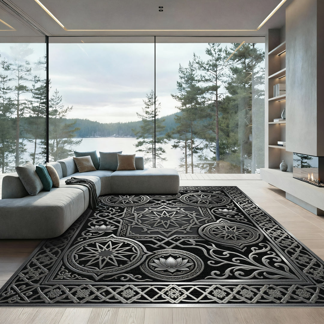 Ornate Silver Lotus Starburst Rug