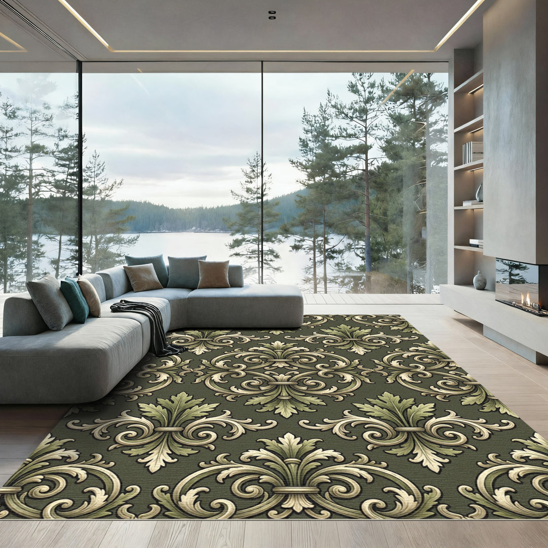 Ornate Laurel Green Floral Damask Rug
