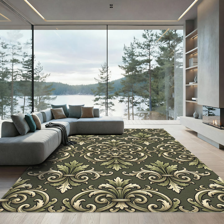 Ornate Laurel Green Floral Damask Rug