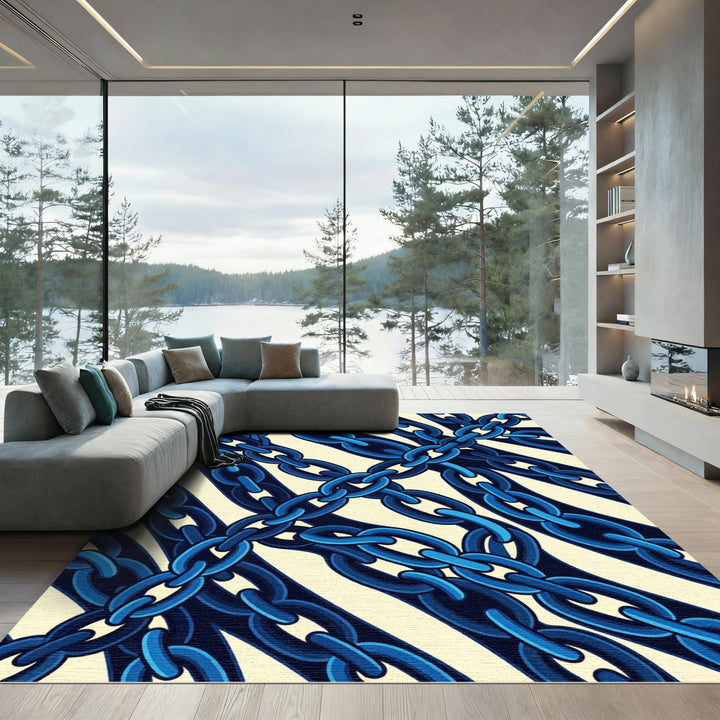 Dark Blue Interlocking Chain Tapestry Rug